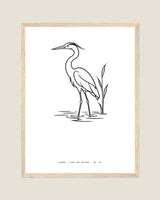 Heron line art print in a natural wood frame, flat view