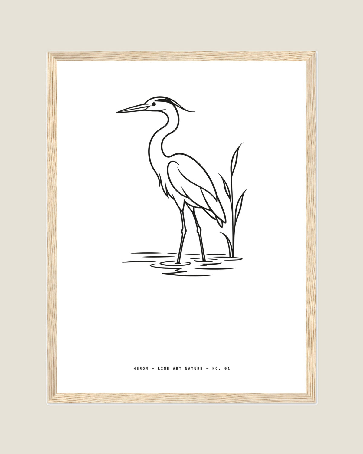 Heron line art print in a natural wood frame, flat view