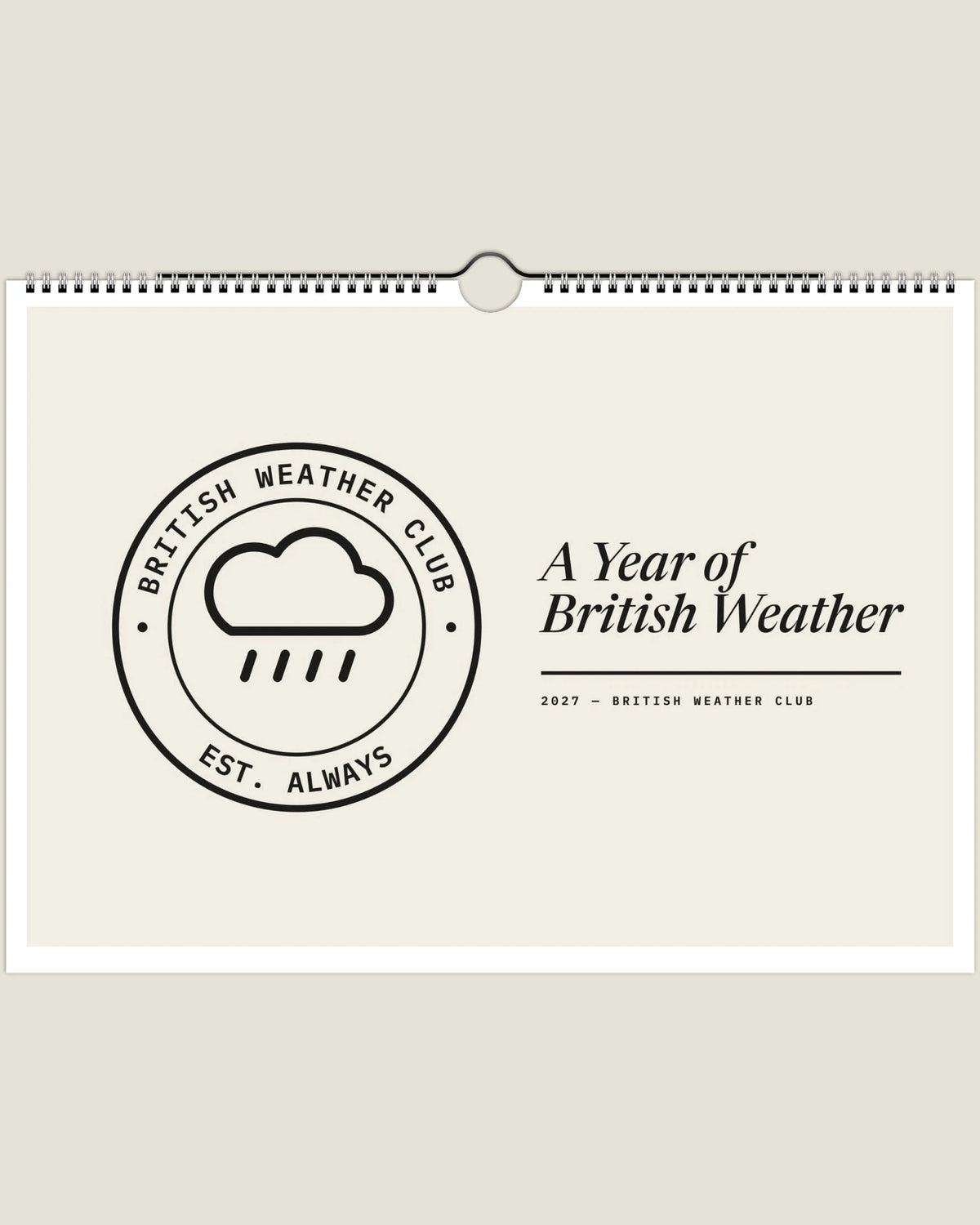 British Weather Club 2027 wall calendar, cover with the club's rain cloud badge