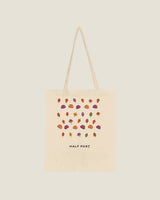 Mushroom tote in Natural: toadstools, acorns and autumn leaves with the Half Past wordmark
