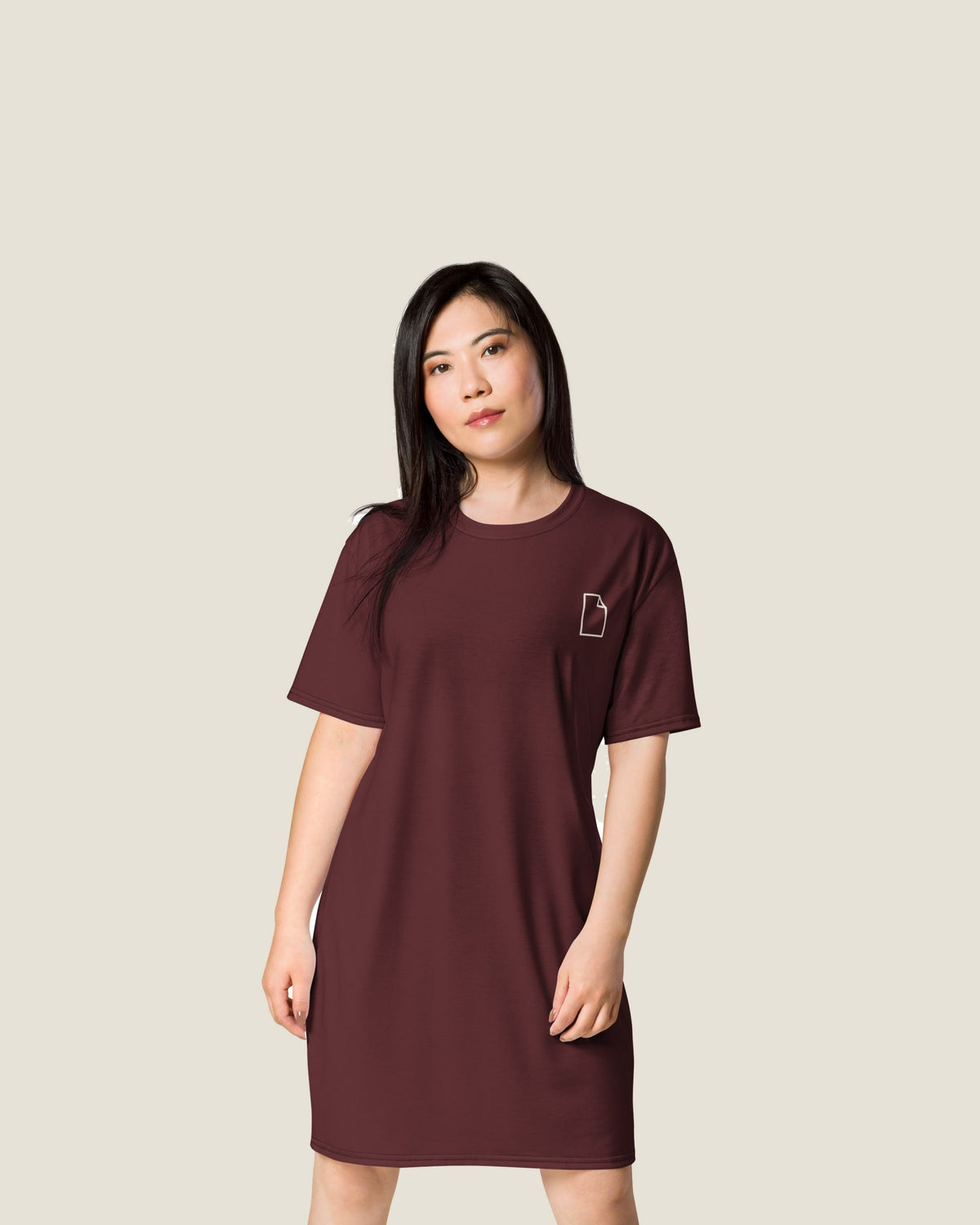 Margin Notes dress in Oxblood, worn, front