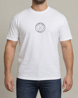 Allotment Society tee in White, worn by a model, studio photo