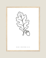 Oak Leaf line art print in a natural wood frame, flat view