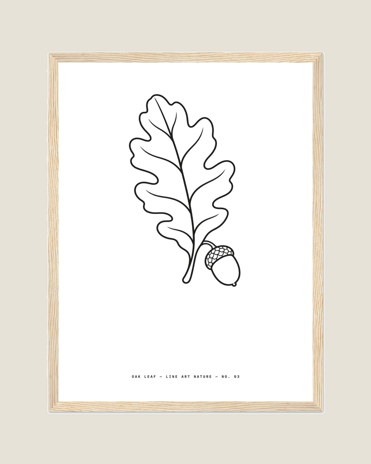 Oak Leaf line art print in a natural wood frame, flat view