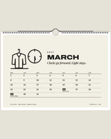 Clocking Off 2027 wall calendar, March page with jacket on a hanger and clock