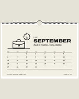 Clocking Off 2027 wall calendar, September page with briefcase and clock