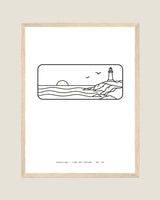 Coastline line art print in a natural wood frame, flat view