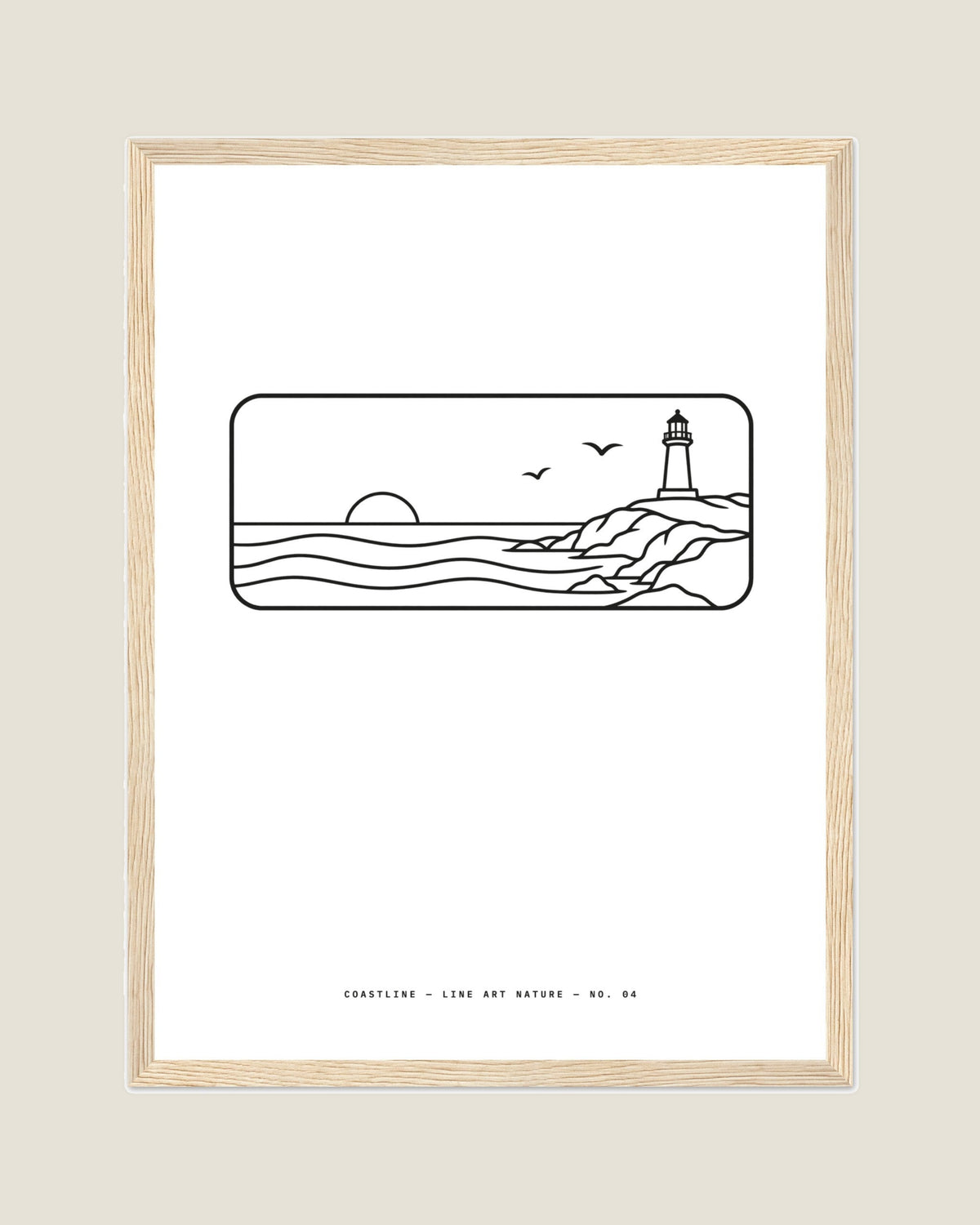 Coastline line art print in a natural wood frame, flat view