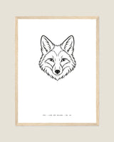Fox line art print in a natural wood frame, flat view