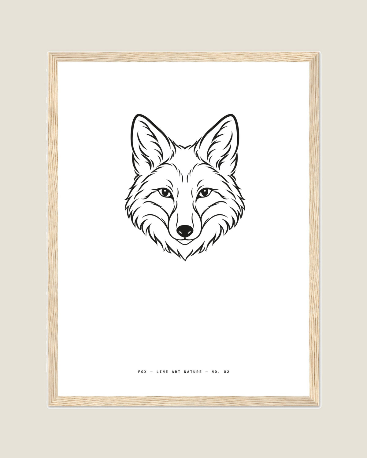 Fox line art print in a natural wood frame, flat view