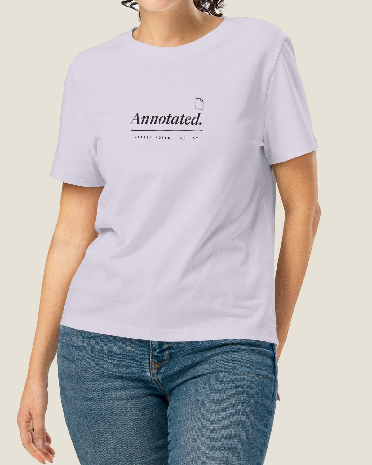 Annotated tee, lavender, worn by a model