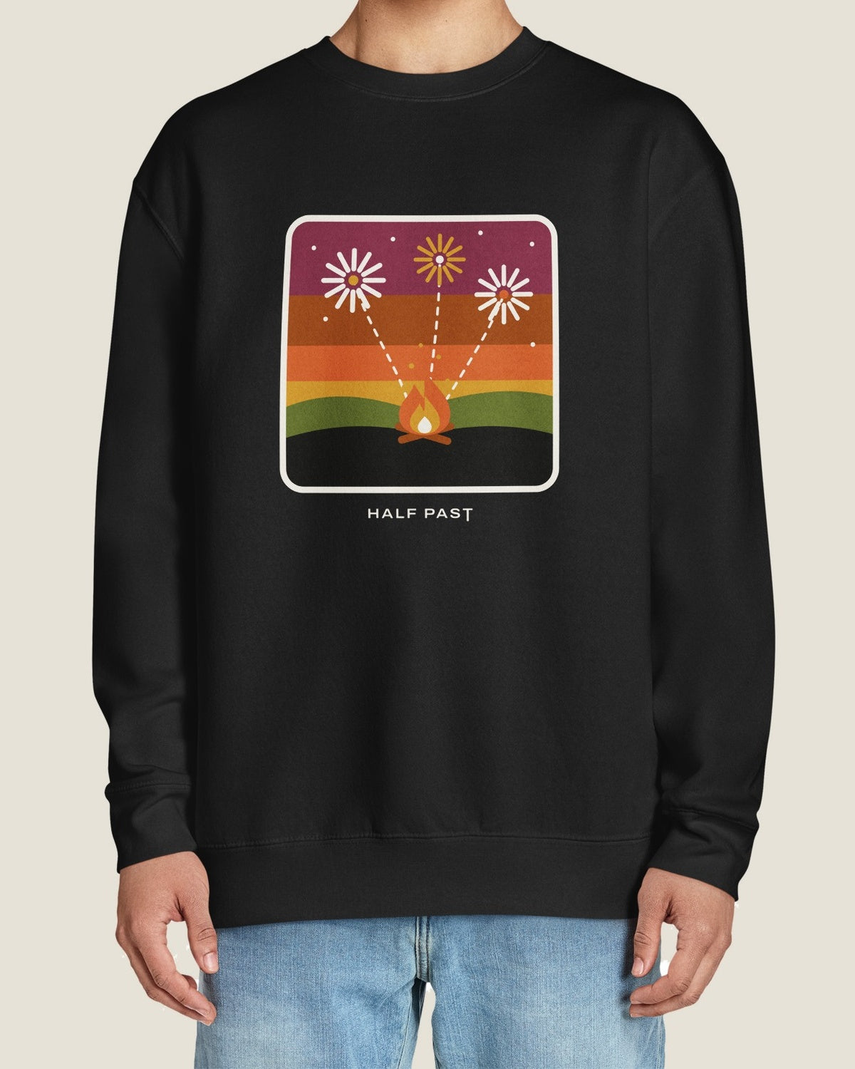 Bonfire Night sweatshirt, black, worn by a model