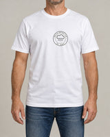 British Weather Club tee in White, worn by a model, studio photo