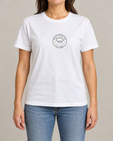 British Weather Club tee in White, worn by a model, studio photo
