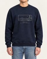 Coastline sweatshirt in Navy, worn by a model, studio photo