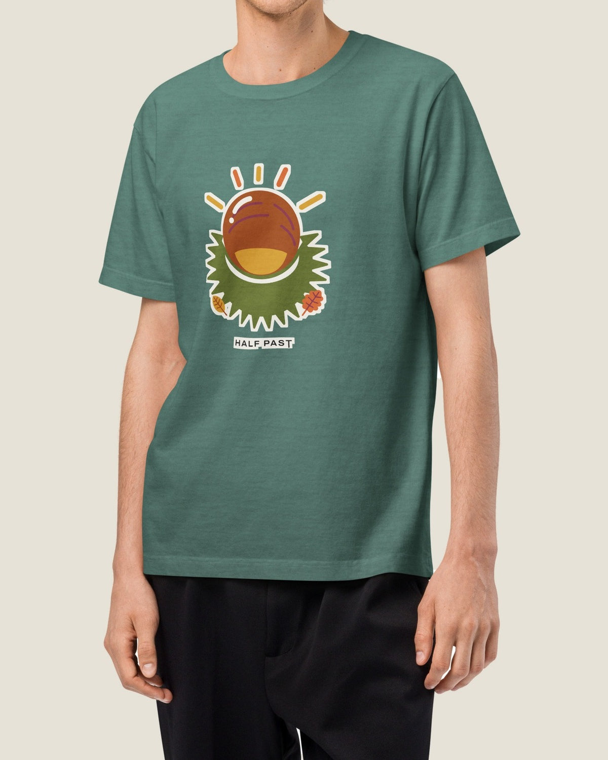 Conker tee, washed pine, worn by a model