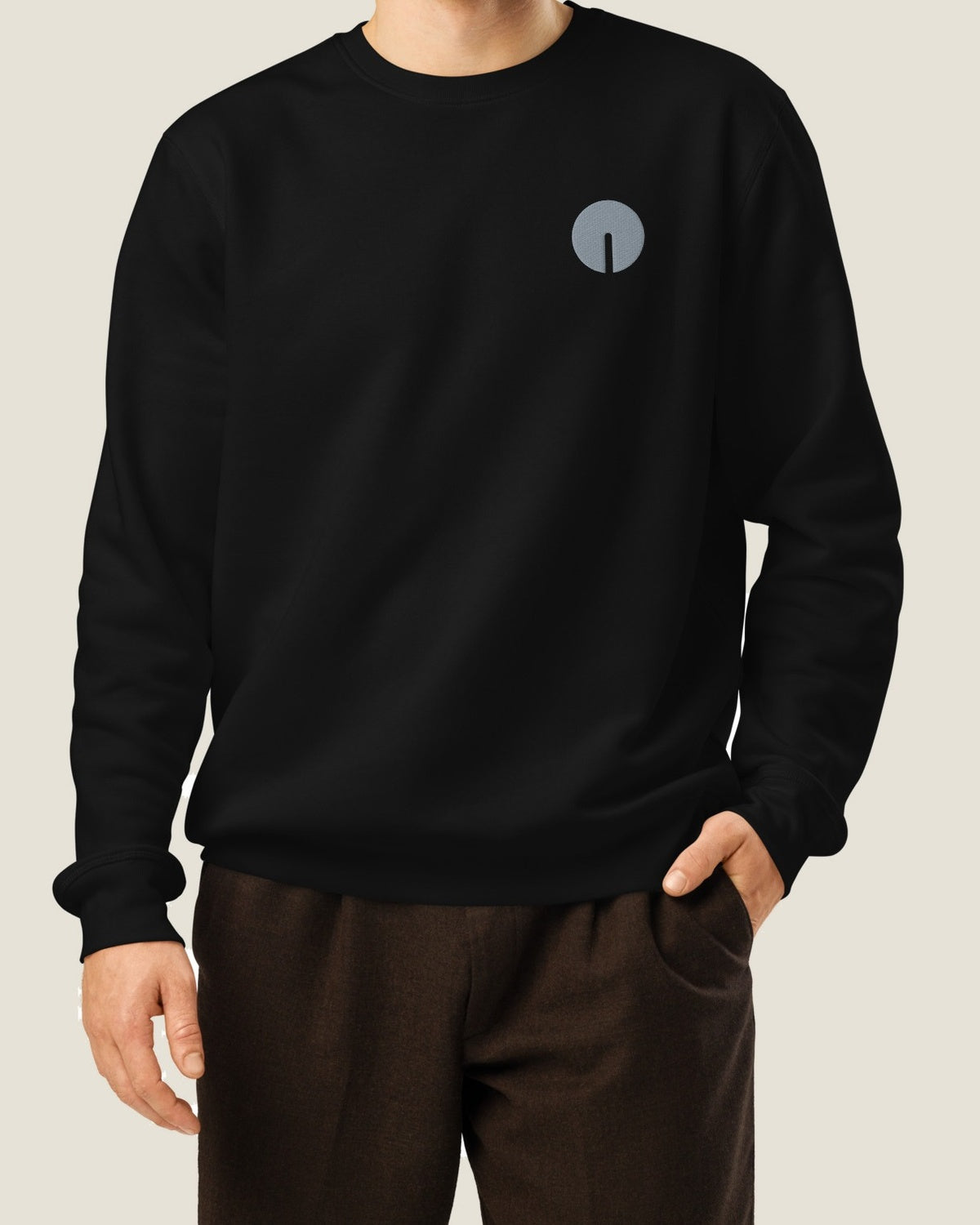 Core crew sweatshirt, black, worn by a model