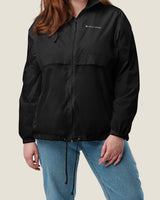 Core windbreaker, black, worn by a model