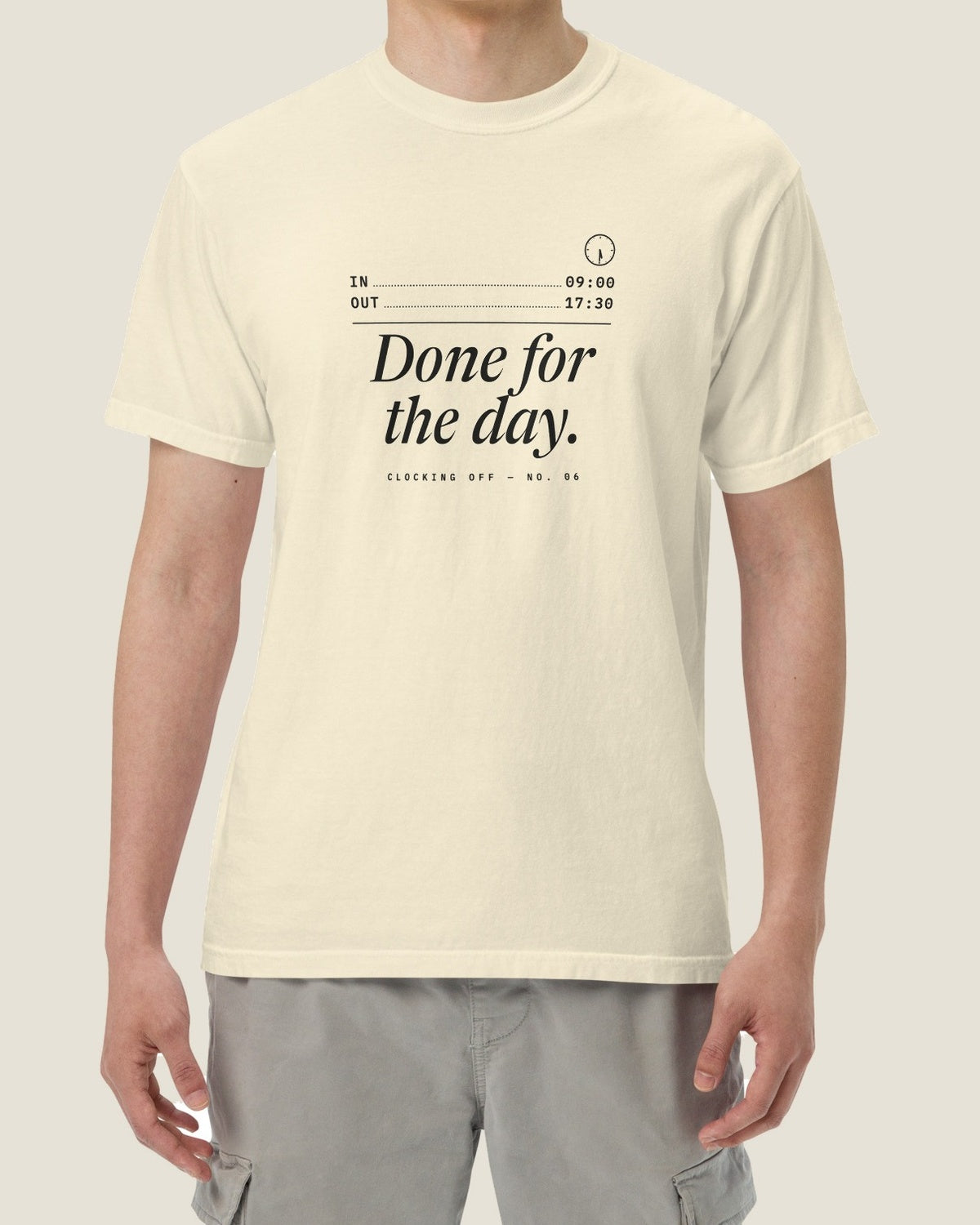 Done for the day tee, ivory, worn by a model