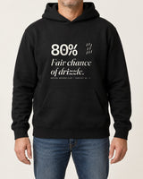 Fair Chance of Drizzle hoodie in Black, worn by a model, studio photo