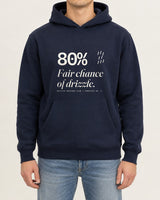 Fair Chance of Drizzle hoodie in Navy, worn by a model, studio photo