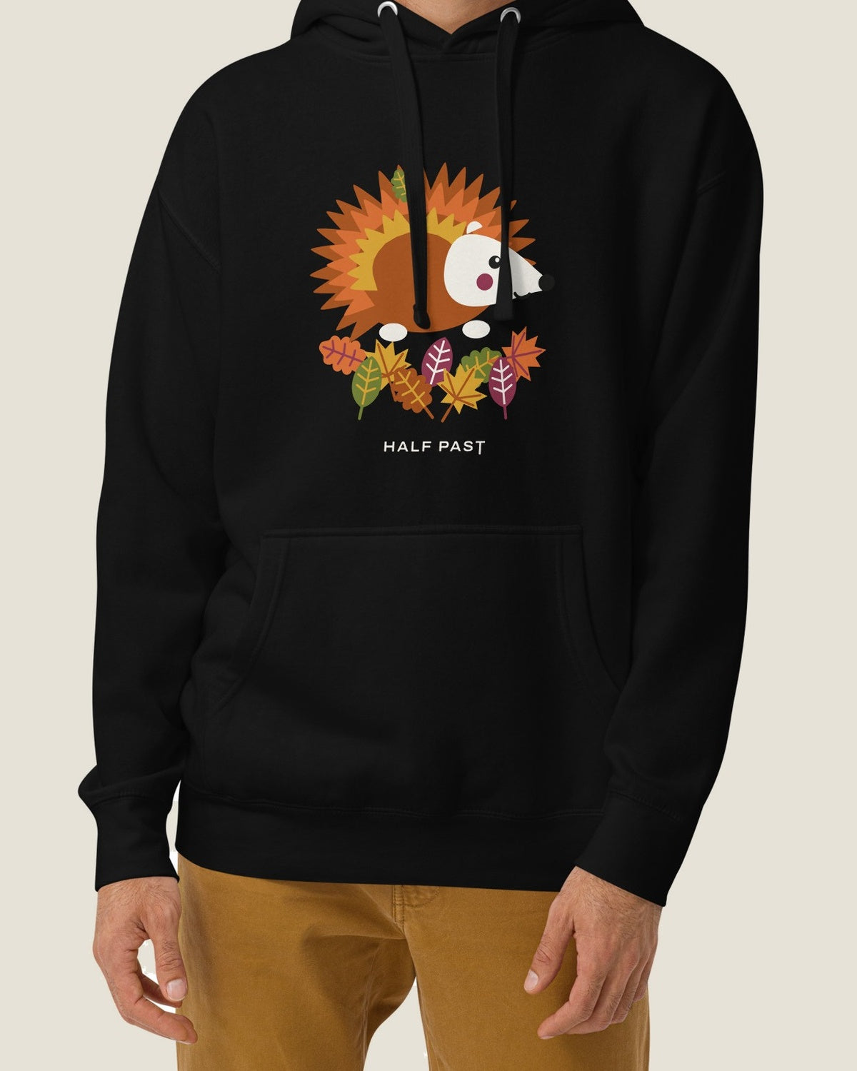 Hedgehog hoodie, black, worn by a model