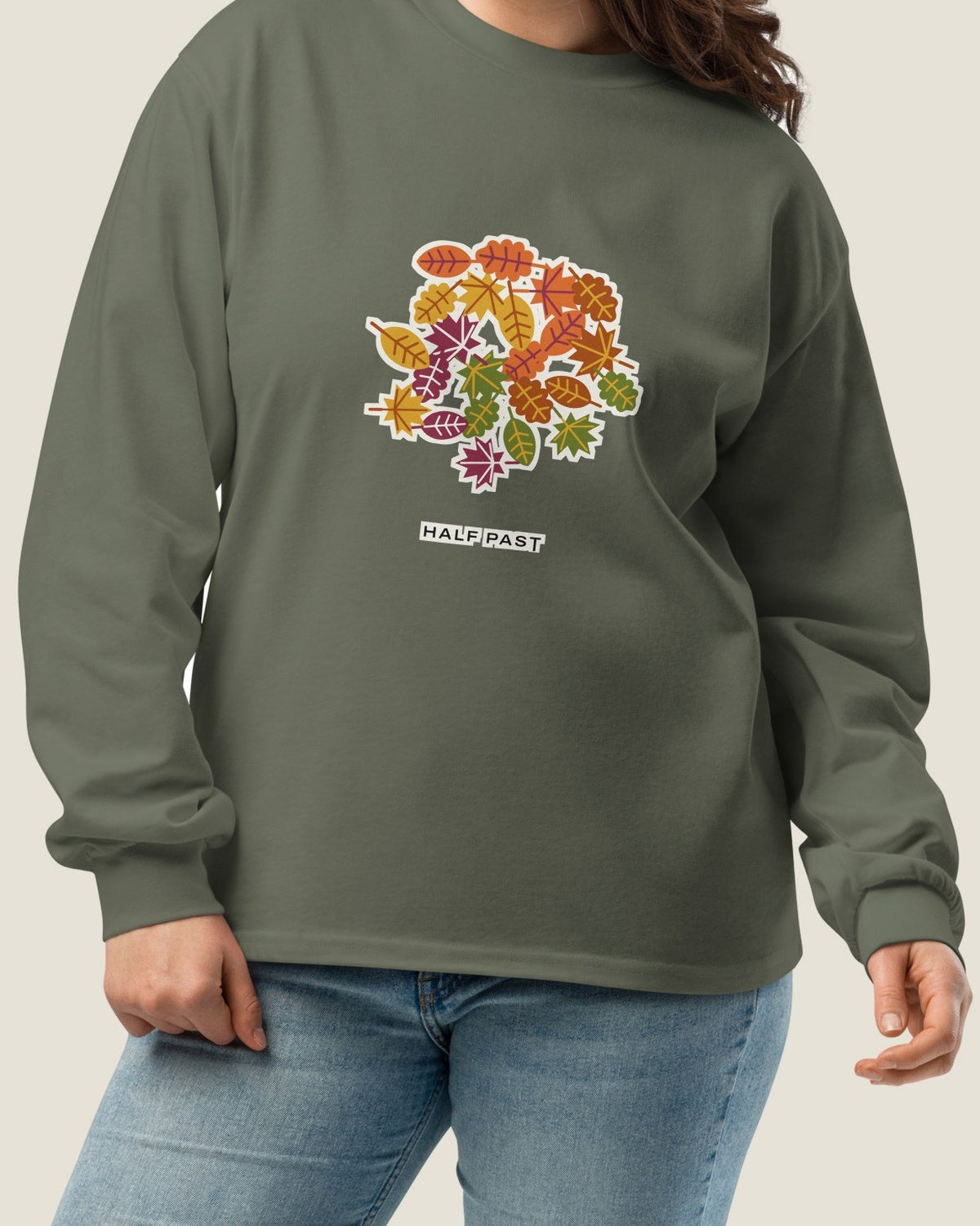 Leaf Fall long-sleeve tee, cypress, worn by a model