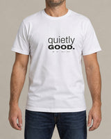 Quietly Good tee in White, worn by a model, studio photo