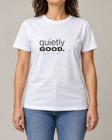 Quietly Good tee in White, worn by a model, studio photo