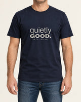 Quietly Good tee in Navy, worn by a model, studio photo