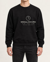 Small Hours sweatshirt in Black, worn by a model, studio photo