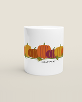 Pumpkin Patch mug, front: a row of autumn pumpkins with the Half Past wordmark