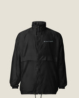 Core windbreaker in Black, front view with the Half Past symbol and name embroidered on the chest