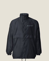 Core windbreaker in Navy, front view with the Half Past symbol and name embroidered on the chest