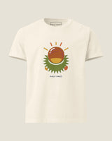 Conker tee in Vintage White: a conker bursting from its spiky case, Half Past wordmark below