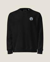 Core crew sweatshirt in Black, front view with the embroidered chest mark