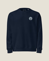 Core crew sweatshirt in French Navy, front view with the embroidered chest mark