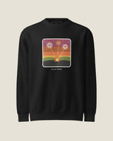 Bonfire Night sweatshirt in Black: fireworks over a campfire, Half Past wordmark below