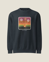 Bonfire Night sweatshirt in Navy: fireworks over a campfire, Half Past wordmark below