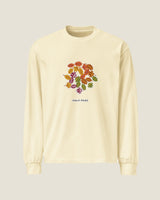 Leaf Fall long-sleeve in Butter: a round cluster of autumn leaves, Half Past wordmark below