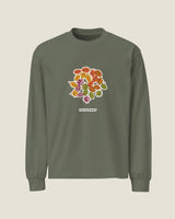 Leaf Fall long-sleeve in Cypress: a round cluster of autumn leaves, Half Past wordmark below